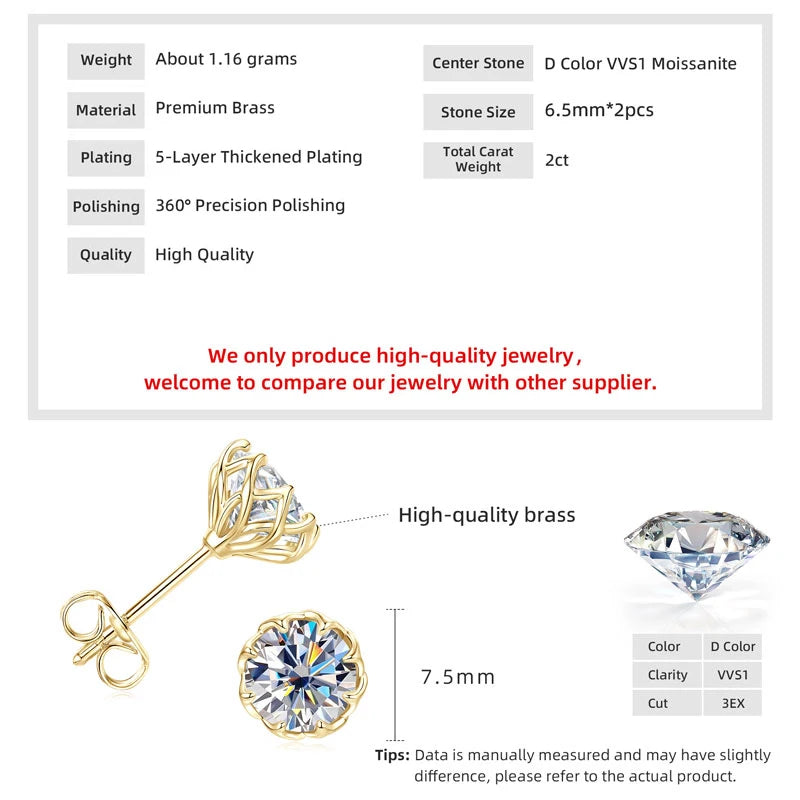 Oxtao Moissanite Flower Stud Earrings 14K Gold Filled Women